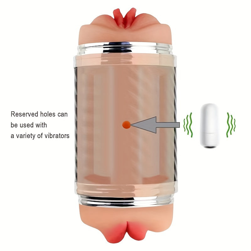 2-in-1 Male Masturbators with Vibration Modes Stimulator, Double-Sided Pocket Pussy Toy, Realistic Texture Male Masturbation Cup, Silicone Hands-Free Stroker Sex Toy