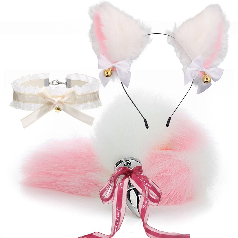 Fox Anal Plug Sex Toys Foxtail Bow Metal Butt Anal Plug Cute Bow-Knot Soft Cat Ears Headbands Erotic Cosplay Couples Accessories