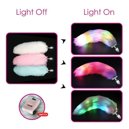 Metal Stainless Glow Steel New Detachable LED Cosplay Luminous Fox Tail Anal Butt Plug Sex Toys For Women Men Couples