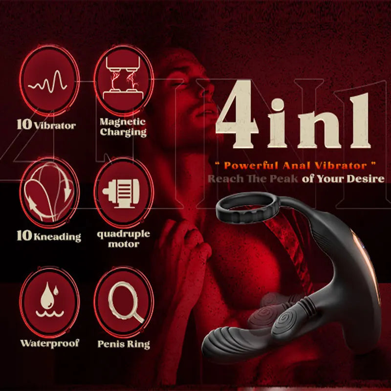 3 in 1 360° Circular Kneading Anal Vibrator Male Prostate Massager with Cock Ring Butt Plug L-Shaped Adult Sex Toys for Men 18
