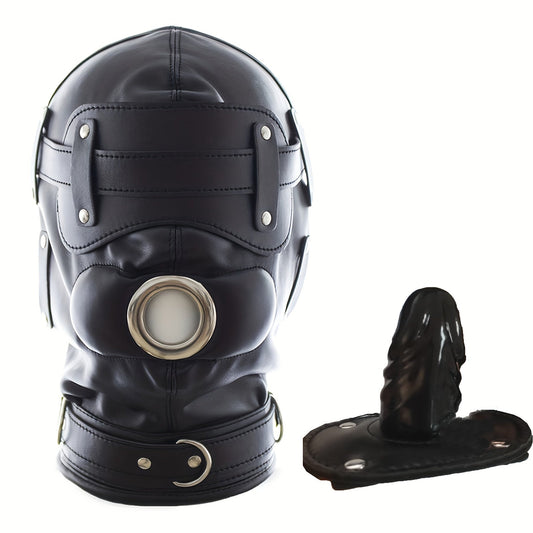Black Leather BDSM Head Hood with Removable Blindfold And Dildos Mouthpiece Gag - Adult Sex Toy. SM Bondage Accessories Valentine'S Day Gift