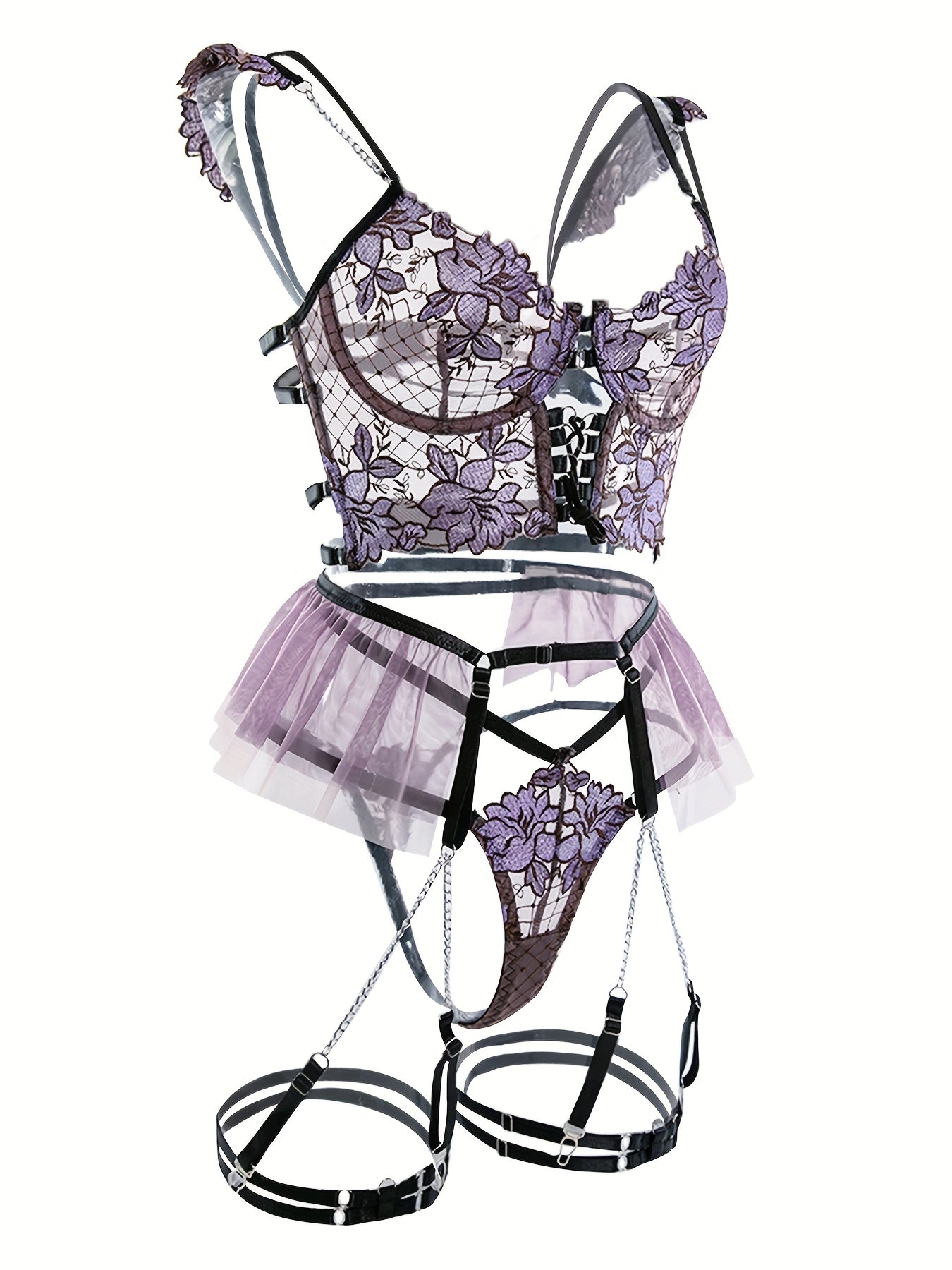 Women's Seductive Sheer Gauze Fishnet Lingerie Set with Floral Embroidery - V Neck Open Back Off The Shoulder Comfortable Underwire Bra, Thong & Waistband with Chain Garter Belt - Perfect for Uniform Temptation