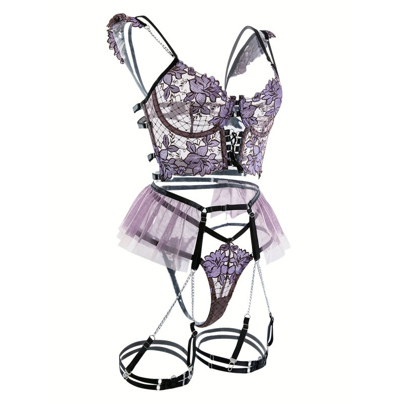 Women's Seductive Sheer Gauze Fishnet Lingerie Set with Floral Embroidery - V Neck Open Back Off The Shoulder Comfortable Underwire Bra, Thong & Waistband with Chain Garter Belt - Perfect for Uniform Temptation
