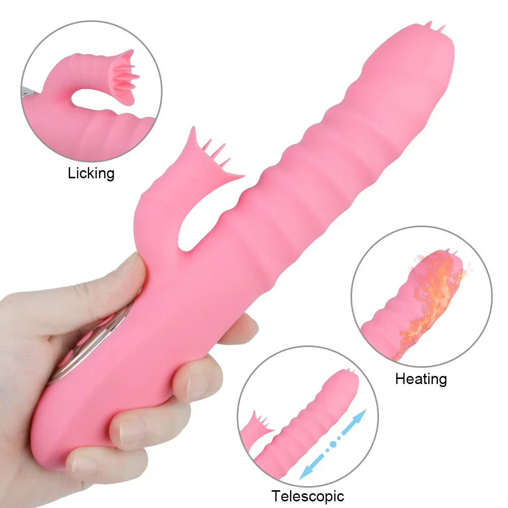 12 Vibration 5 Telescopic Modes Vagina G-Spot Massager Heated Dildo Tongue Licking Vibrator Clitoris Stimulator