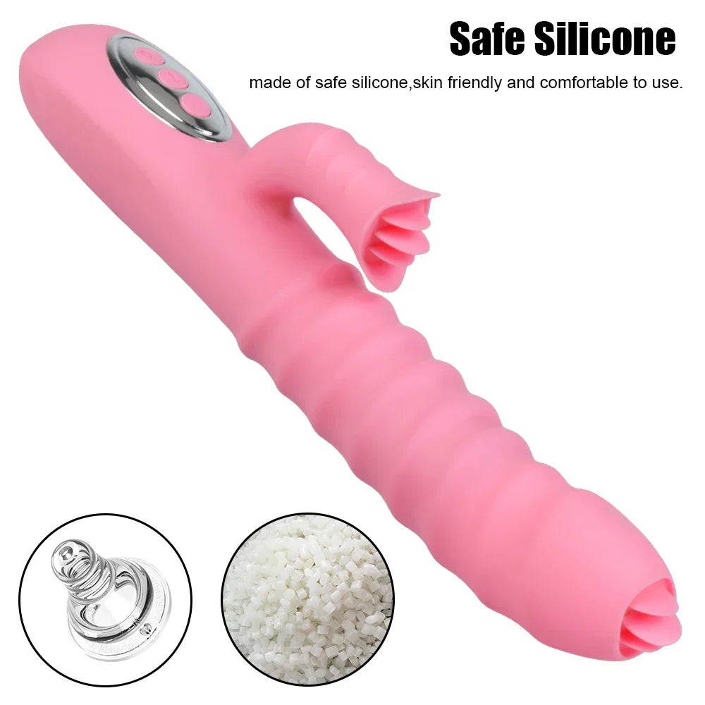 12 Vibration 5 Telescopic Modes Vagina G-Spot Massager Heated Dildo Tongue Licking Vibrator Clitoris Stimulator