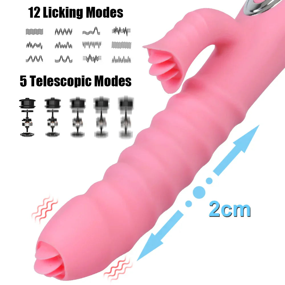 12 Vibration 5 Telescopic Modes Vagina G-Spot Massager Heated Dildo Tongue Licking Vibrator Clitoris Stimulator