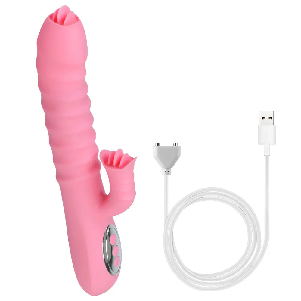 12 Vibration 5 Telescopic Modes Vagina G-Spot Massager Heated Dildo Tongue Licking Vibrator Clitoris Stimulator