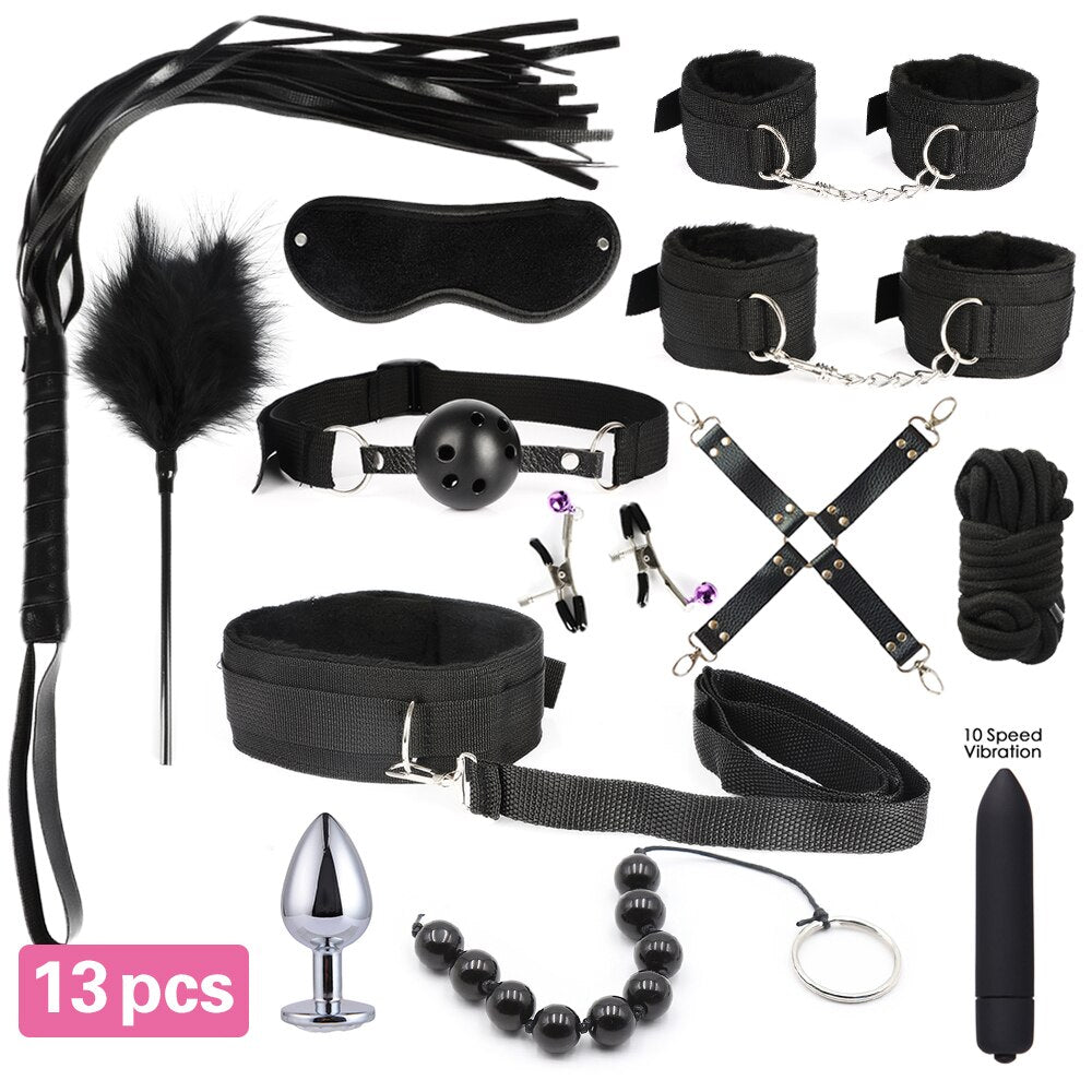 13pcs/set SM Bondage Restraint G Spot Vibrators Adult Game Props Women Sex Toy Nylon Handcuffs Clit Stimulator Adult Sex Shop