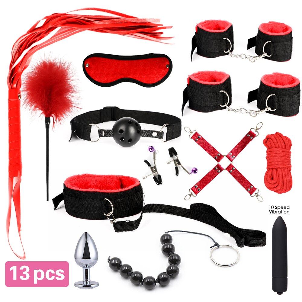 13pcs/set SM Bondage Restraint G Spot Vibrators Adult Game Props Women Sex Toy Nylon Handcuffs Clit Stimulator Adult Sex Shop