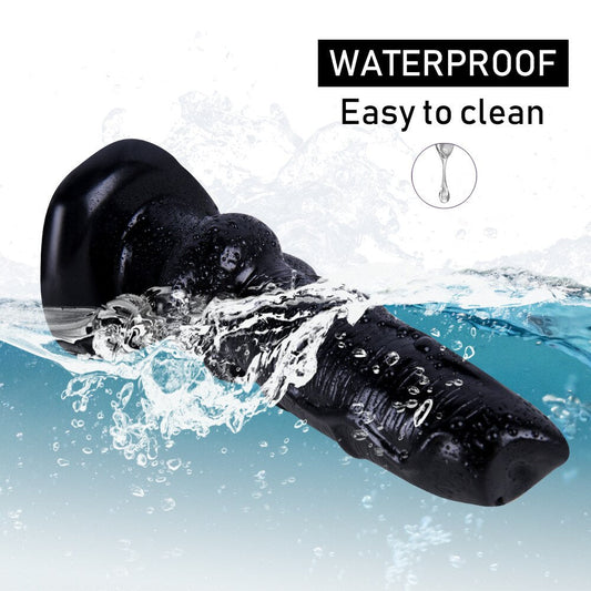 Flexible black stretchy dildo for men, artificial penis.
