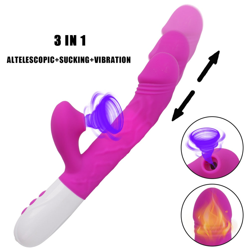 3-in-1 Heating Rabbit Vibrator: Telescopic, Rotating Dildo, Clitoral Sucking, G-Spot Stimulation Vibrators Sex Toys for Women