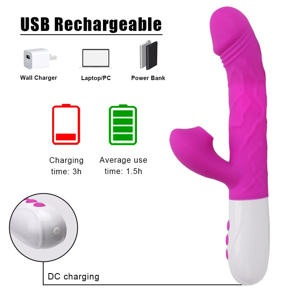 3-in-1 Heating Rabbit Vibrator: Telescopic, Rotating Dildo, Clitoral Sucking, G-Spot Stimulation Vibrators Sex Toys for Women