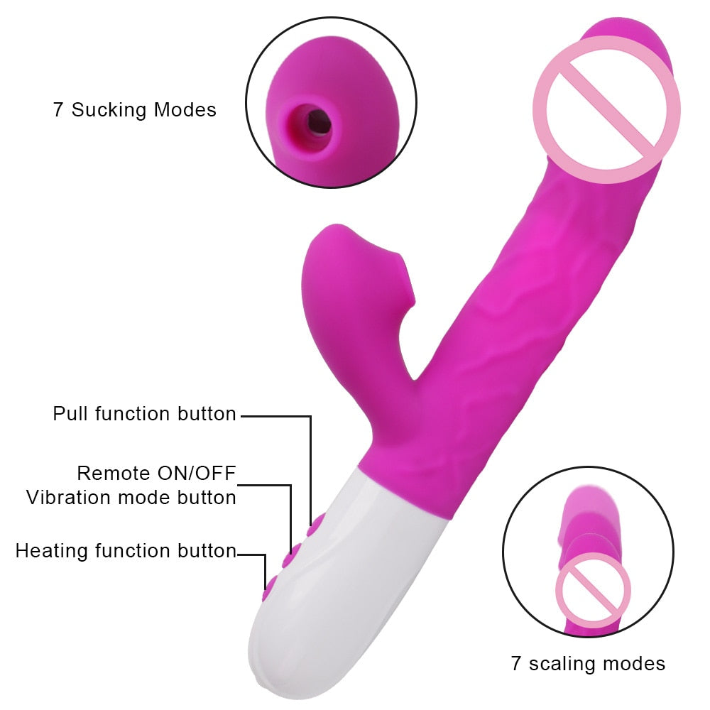 3-in-1 Heating Rabbit Vibrator: Telescopic, Rotating Dildo, Clitoral Sucking, G-Spot Stimulation Vibrators Sex Toys for Women