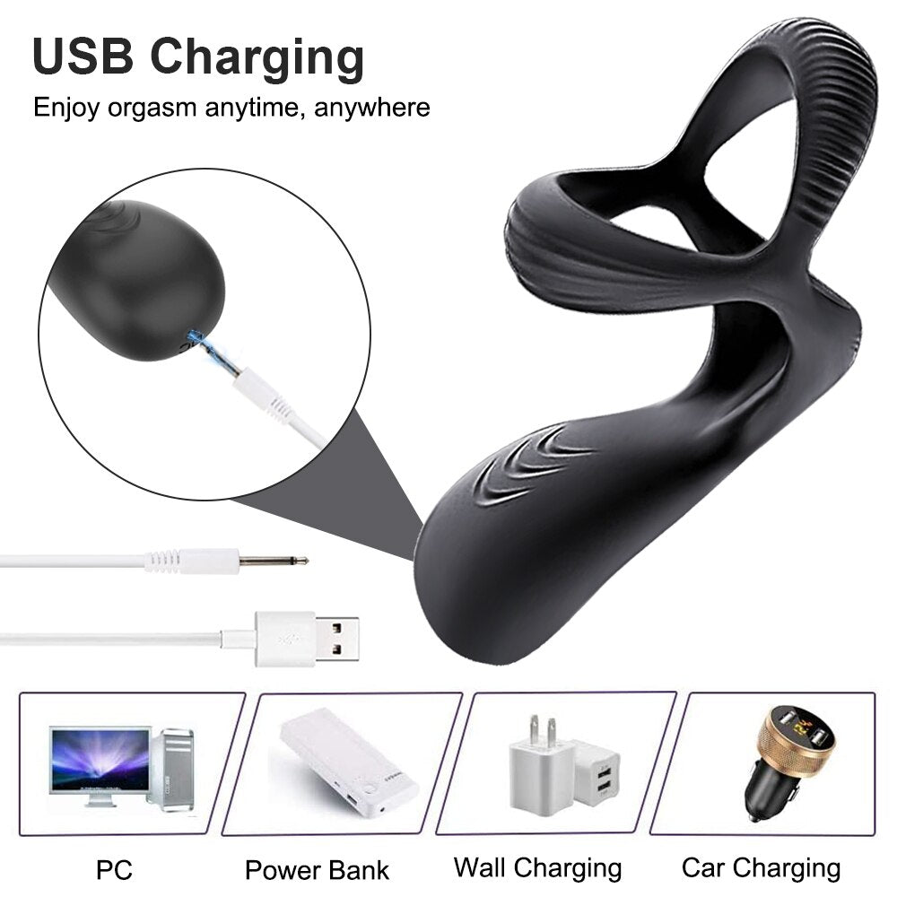 3 In 1 Vibrating Cock Ring Male Vibrator Penis Ring Delay Ejaculation Cockring Perineum Stimulator Sex Toys for Men Adult Goods