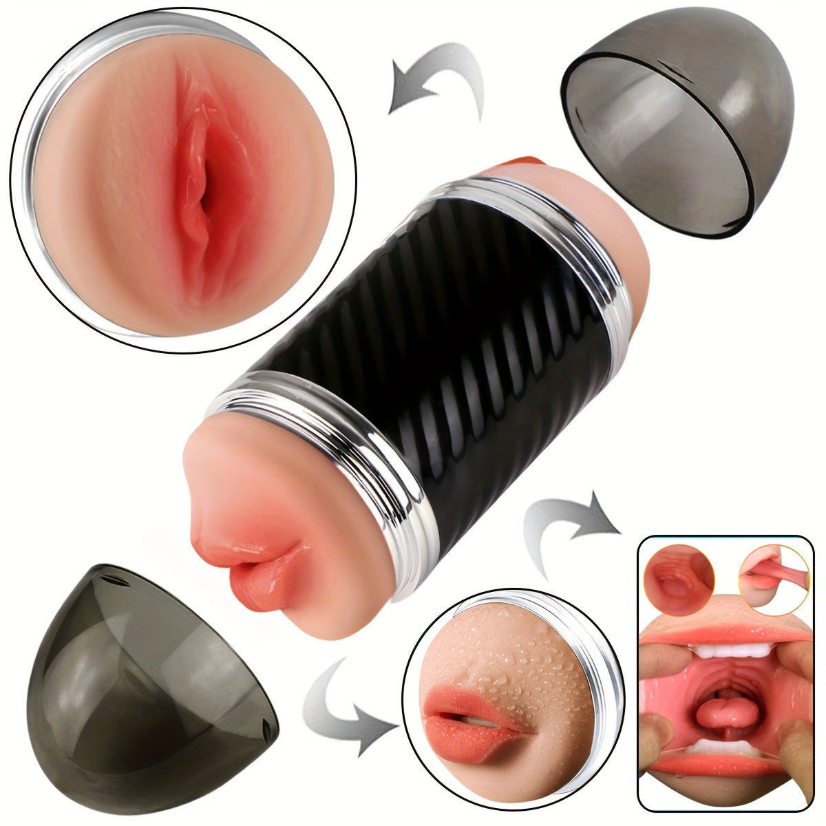 2-in-1 Male Masturbators with Vibration Modes Stimulator, Double-Sided Pocket Pussy Toy, Realistic Texture Male Masturbation Cup, Silicone Hands-Free Stroker Sex Toy