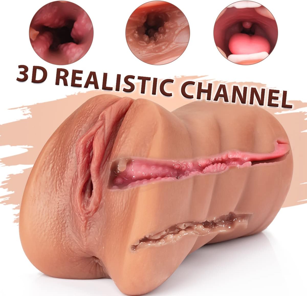 3 in 1 Pocket Pussy Male Masturbators with Lifelike Face. Sex Doll with Realistic Textured Mouth Vagina and Tight Anus. Masturbator Deep Throat Oral Adult Sex Toys for Men Masturbation (Brown)