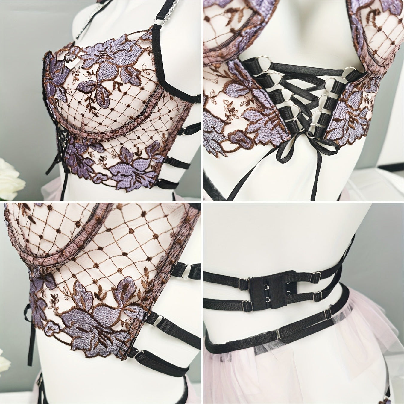Women's Seductive Sheer Gauze Fishnet Lingerie Set with Floral Embroidery - V Neck Open Back Off The Shoulder Comfortable Underwire Bra, Thong & Waistband with Chain Garter Belt - Perfect for Uniform Temptation