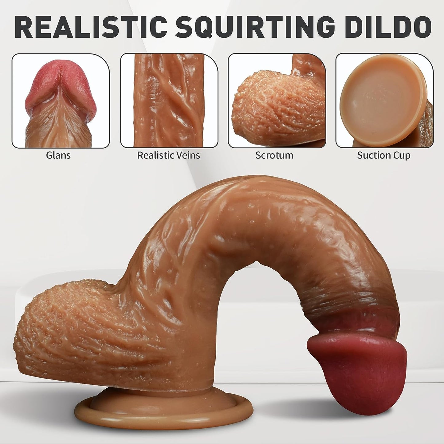 Realistic Squirting Dildo Silicone Ejaculating Dildo. 8.46" Lifelike Suction Cup Dildo for Hands-Free Play. Soft Dildo with Curved Shaft and Balls. Adult Sex Toys for Women, G-Spot, and Anal/Prostate