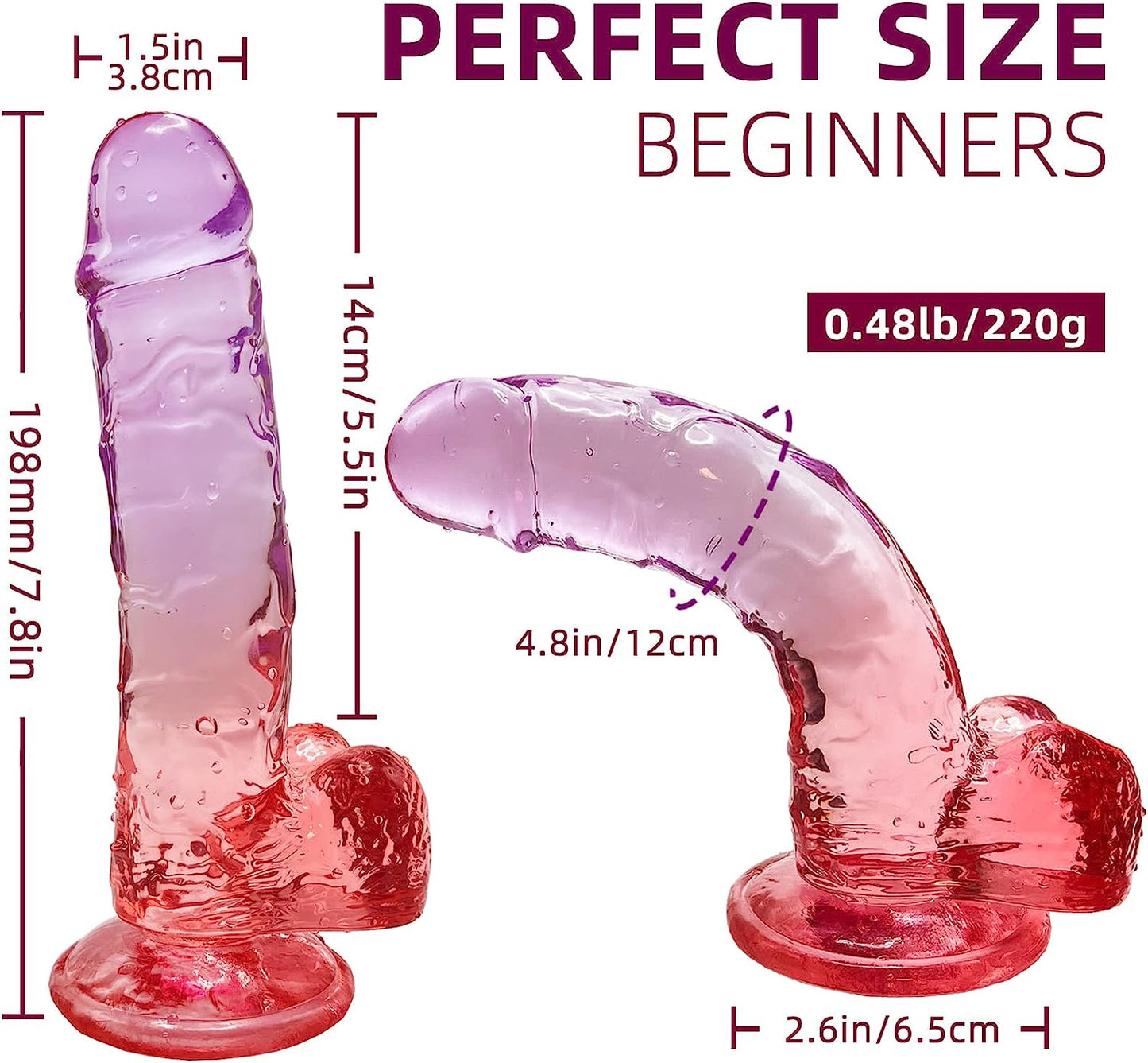 Realistic Dildo Clear Silicone 7.8" Red-Purple Gradient Adult Sex G-spot Dildo with Strong Suction Cup for Women Hands-Free Play Flexible Soft Penis Dong. Toys for Vaginal and Anal Stimulation