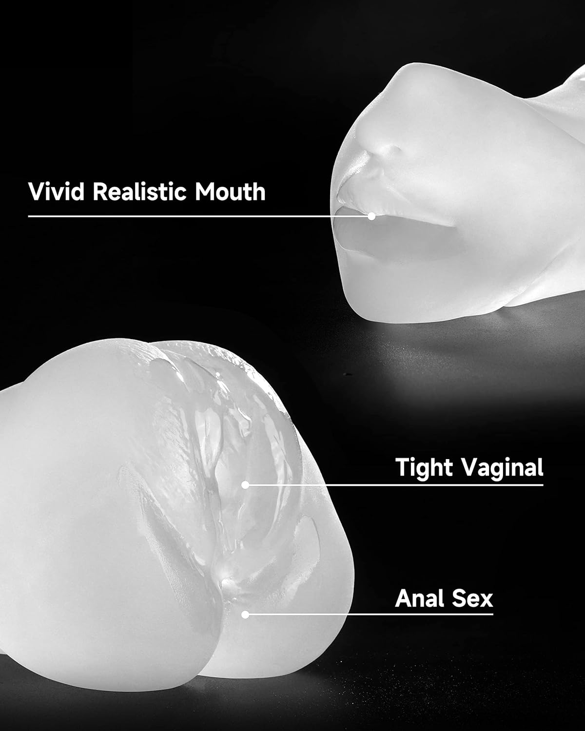 3-in-1 Male Masturbator Realistic Pocket Pussy with Drying Stick & Waterproof Storage Bag. Onahole Double-Ended Male Sex Toy Mouth Tongue Textured Vagina & Tight Anus for Men Masturbation (Clear)