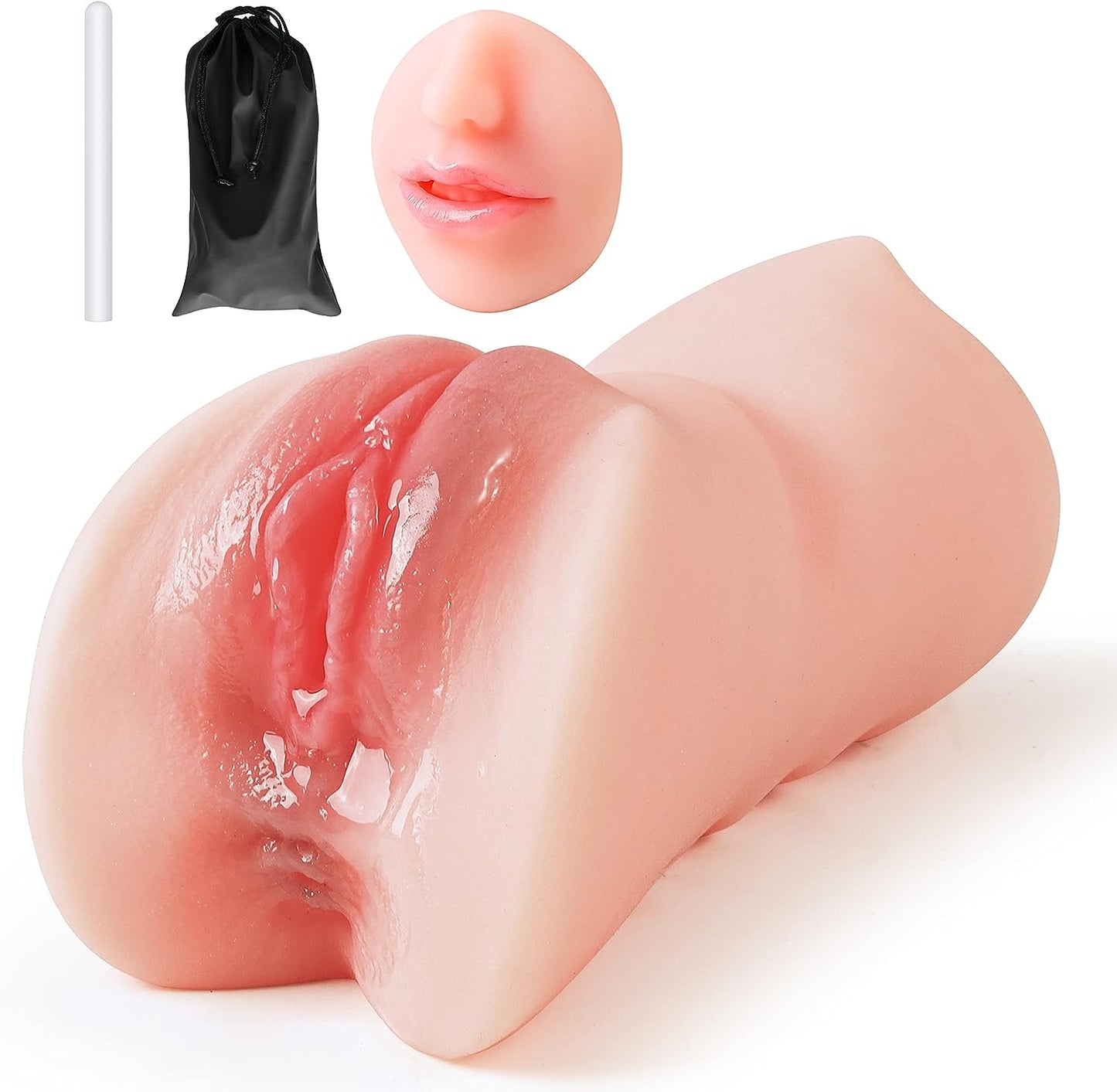 3-in-1 Male Masturbator Realistic Pocket Pussy with Drying Stick & Waterproof Storage Bag. Onahole Double-Ended Male Sex Toy Mouth Tongue Textured Vagina & Tight Anus for Men Masturbation (Clear)