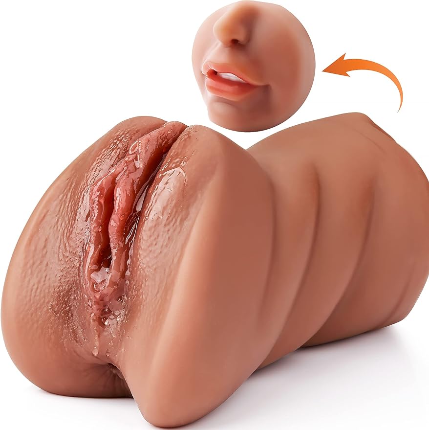 3 in 1 Pocket Pussy Male Masturbators with Lifelike Face. Sex Doll with Realistic Textured Mouth Vagina and Tight Anus. Masturbator Deep Throat Oral Adult Sex Toys for Men Masturbation (Brown)