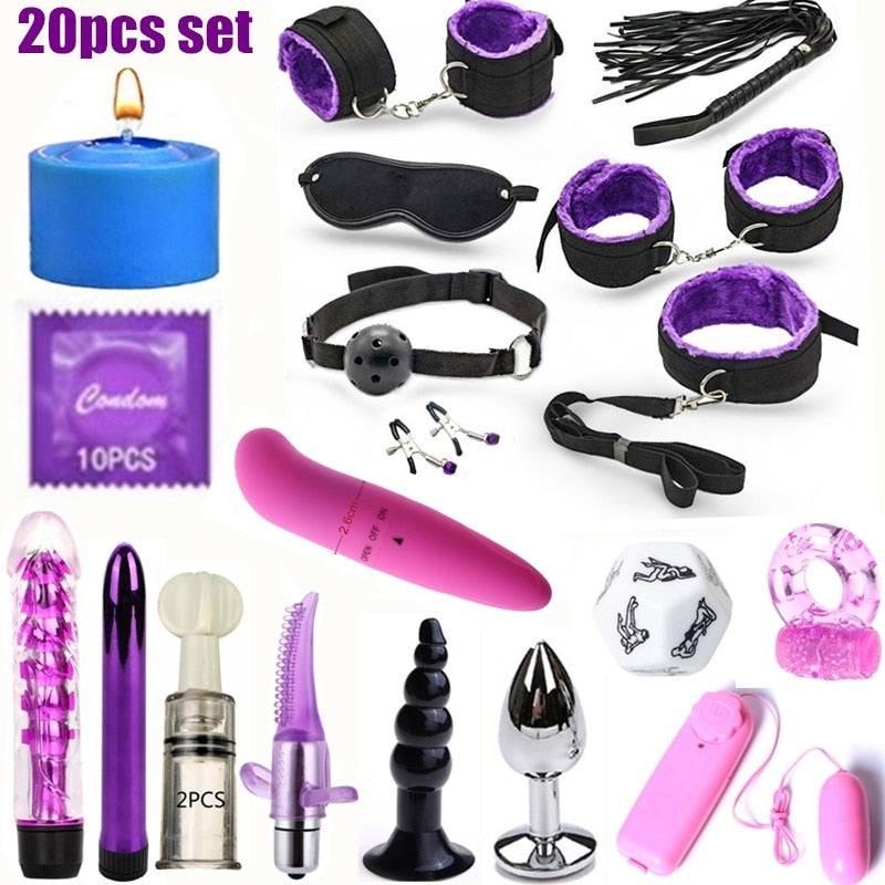 BDSM Erotic Toy Set Sexy Toys Adult Games Sex Bondage Restraint. Handcuffs Nipple Clamp Whip Collar Sex Toys for Couples