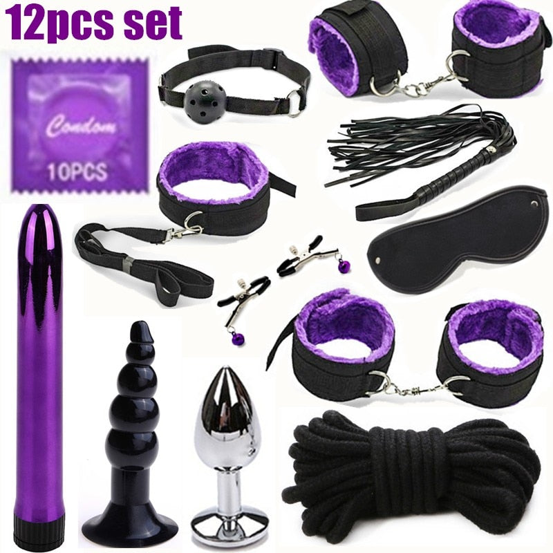 BDSM Erotic Toy Set Sexy Toys Adult Games Sex Bondage Restraint. Handcuffs Nipple Clamp Whip Collar Sex Toys for Couples