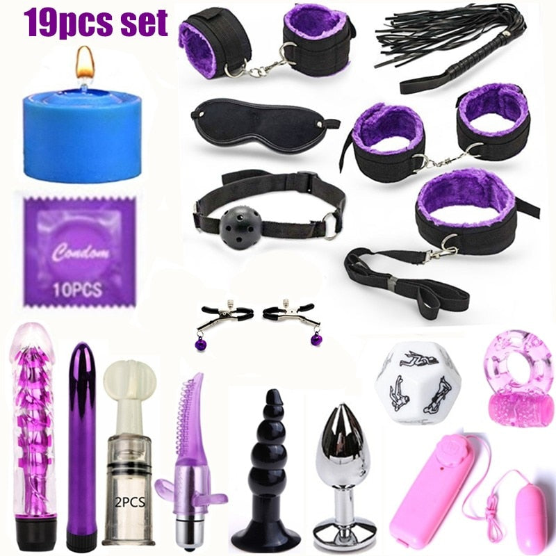 BDSM Erotic Toy Set Sexy Toys Adult Games Sex Bondage Restraint. Handcuffs Nipple Clamp Whip Collar Sex Toys for Couples