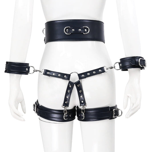 BDSM Sex Toy PU Leather Bondage Set Include Handcuffs.Belt. Legcuffs. Center Connection. Adult Toys Sex Bondage Toys for Women