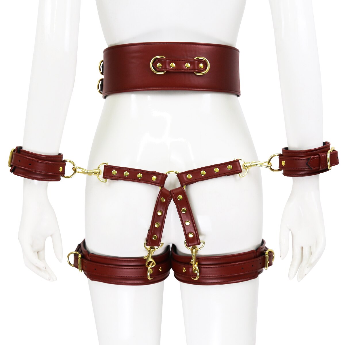BDSM Sex Toy PU Leather Bondage Set Including Handcuffs, Belt, Leg Cuffs, Center Connection. Adult Toys Sex Bondage Toys for Women.