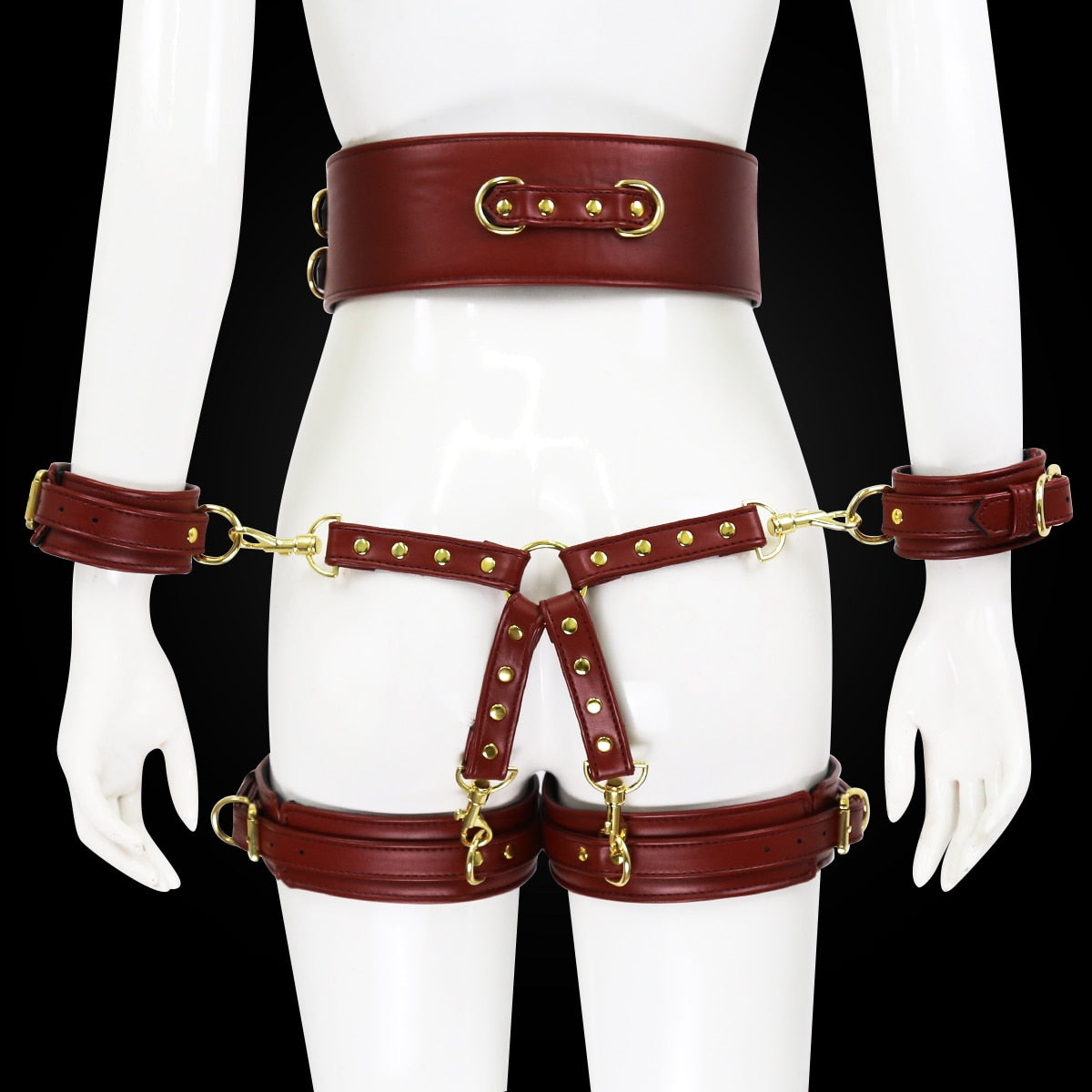 BDSM Sex Toy PU Leather Bondage Set Including Handcuffs, Belt, Leg Cuffs, Center Connection. Adult Toys Sex Bondage Toys for Women.