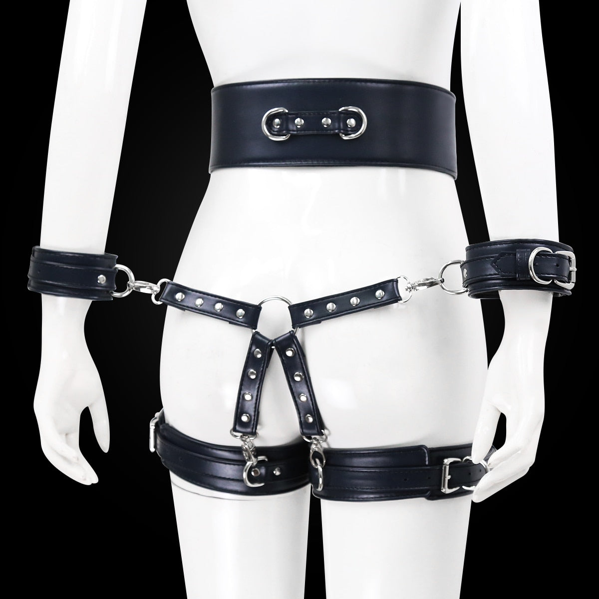 BDSM Sex Toy PU Leather Bondage Set Including Handcuffs, Belt, Leg Cuffs, Center Connection. Adult Toys Sex Bondage Toys for Women.