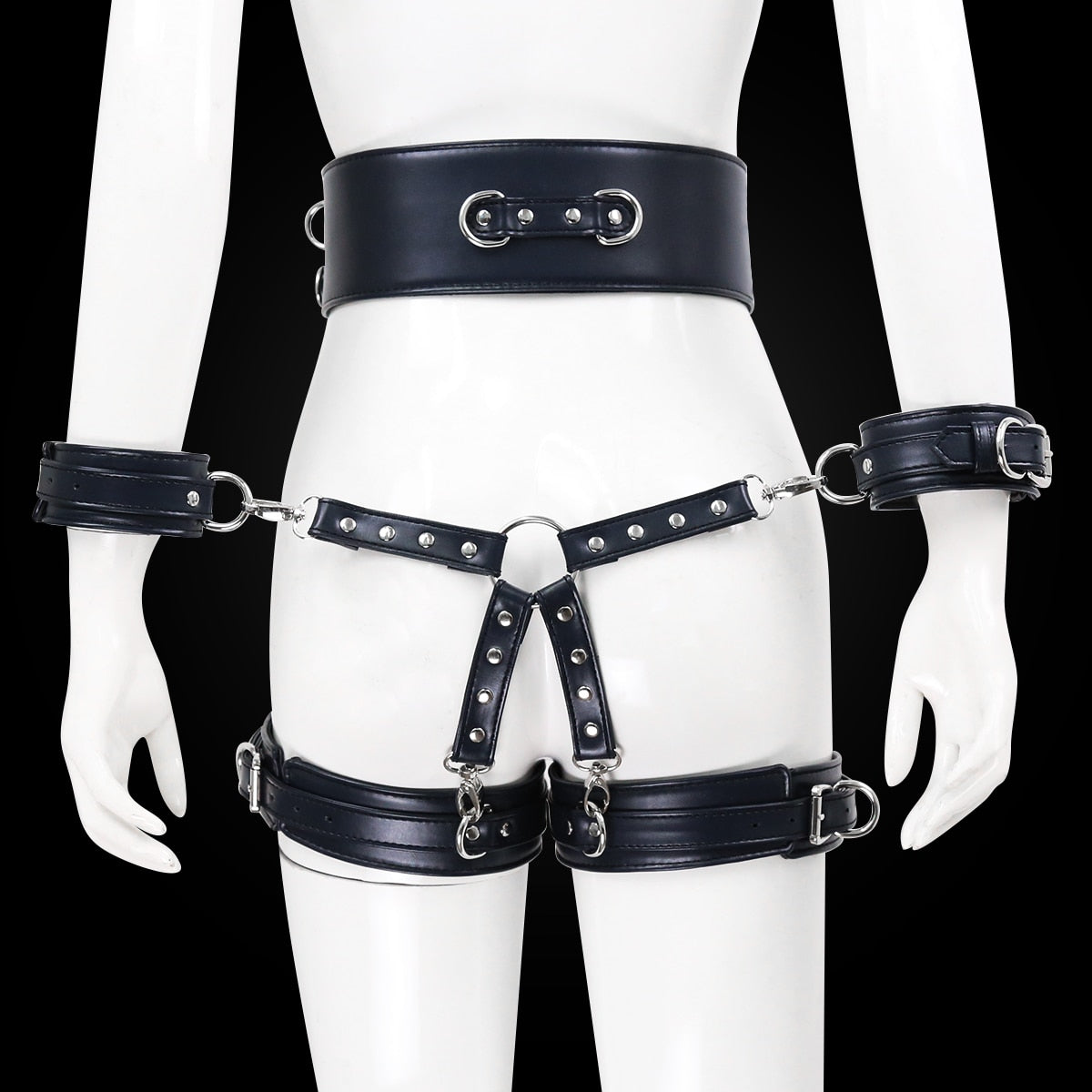 BDSM Sex Toy PU Leather Bondage Set Including Handcuffs, Belt, Leg Cuffs, Center Connection. Adult Toys Sex Bondage Toys for Women.