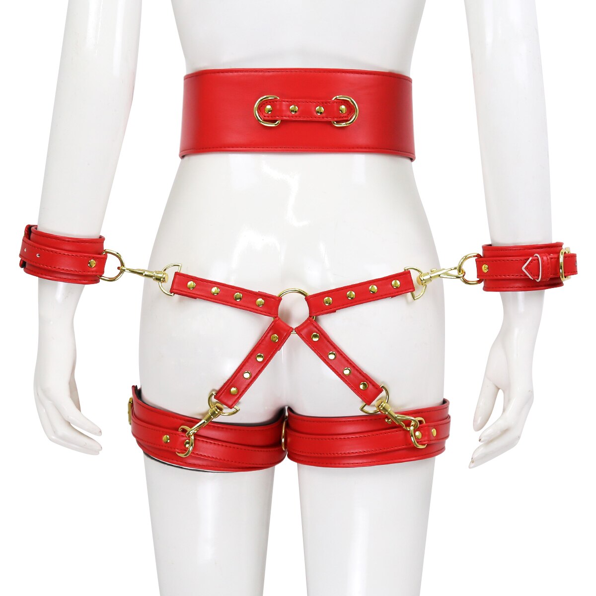 BDSM Sex Toy PU Leather Bondage Set Including Handcuffs, Belt, Leg Cuffs, Center Connection. Adult Toys Sex Bondage Toys for Women.