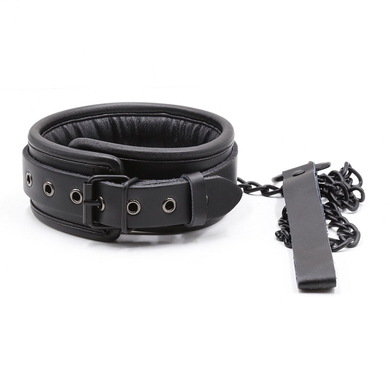 BDSM Bondage Collar, Genuine Leather and Iron Chain Link, Metal Hole Slave Collars for Women, Sex Toys for Couples, Sex Restraints