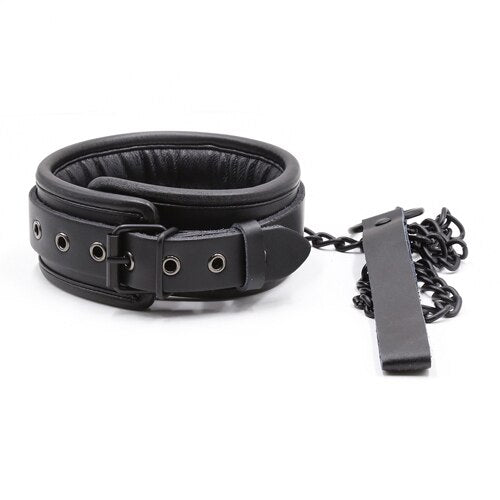 BDSM Bondage Collar, Genuine Leather and Iron Chain Link, Metal Hole Slave Collars for Women, Sex Toys for Couples, Sex Restraints