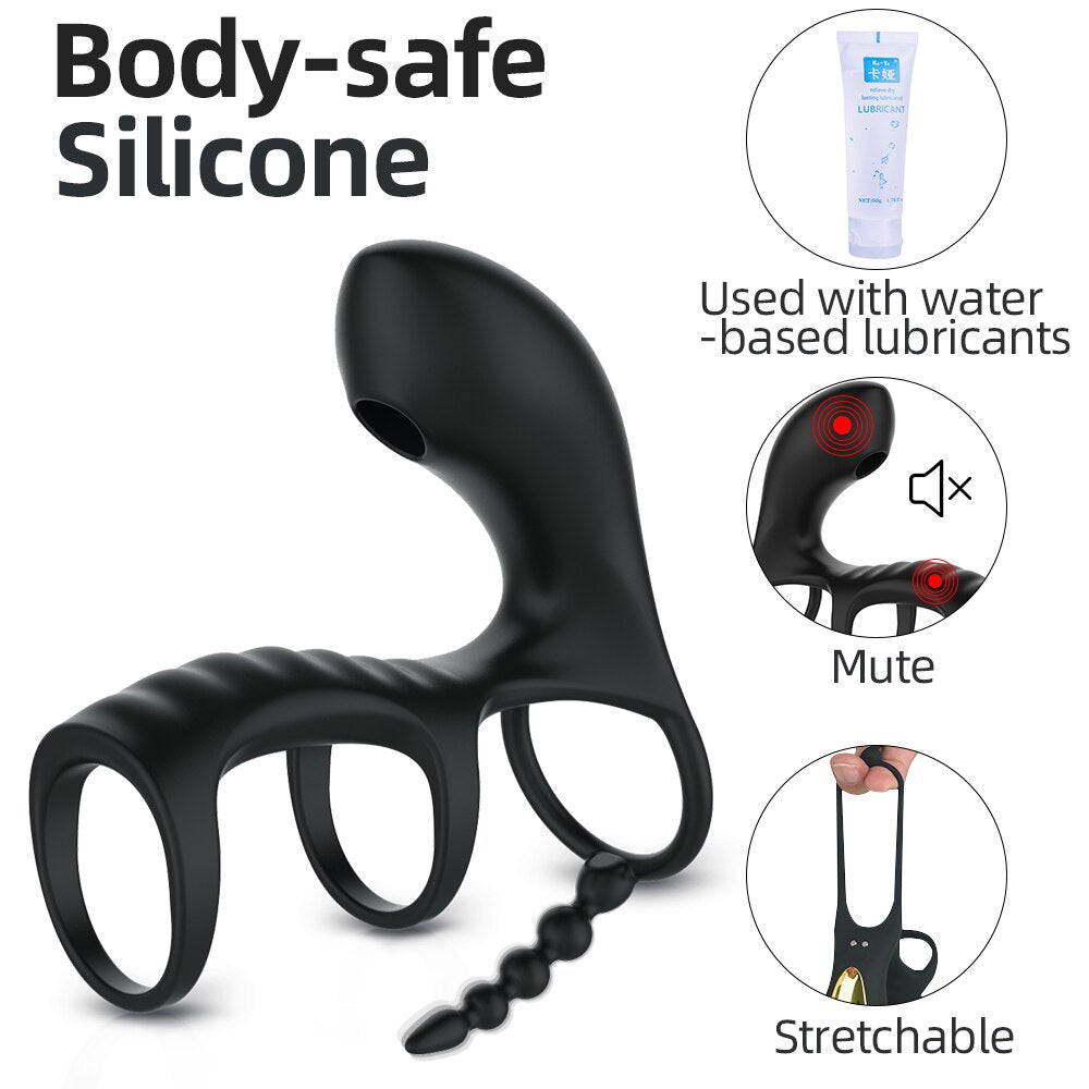 Dual Vibrating Penis Clitoris Suction Ring Anal Stimulation Penis Erection Vibrator for Couples Cockring Remote Control Sex Tool