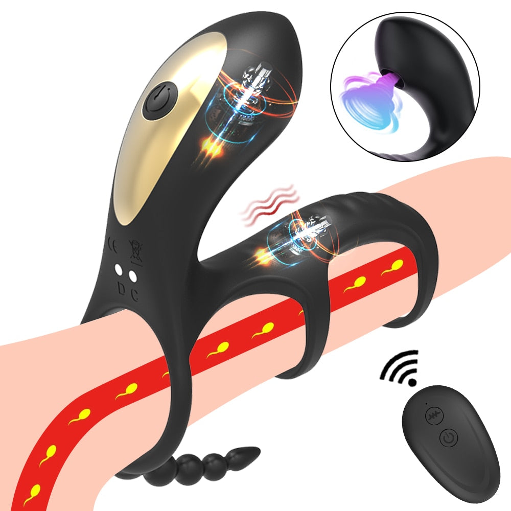 Dual Vibrating Penis Clitoris Suction Ring Anal Stimulation Penis Erection Vibrator for Couples Cockring Remote Control Sex Tool