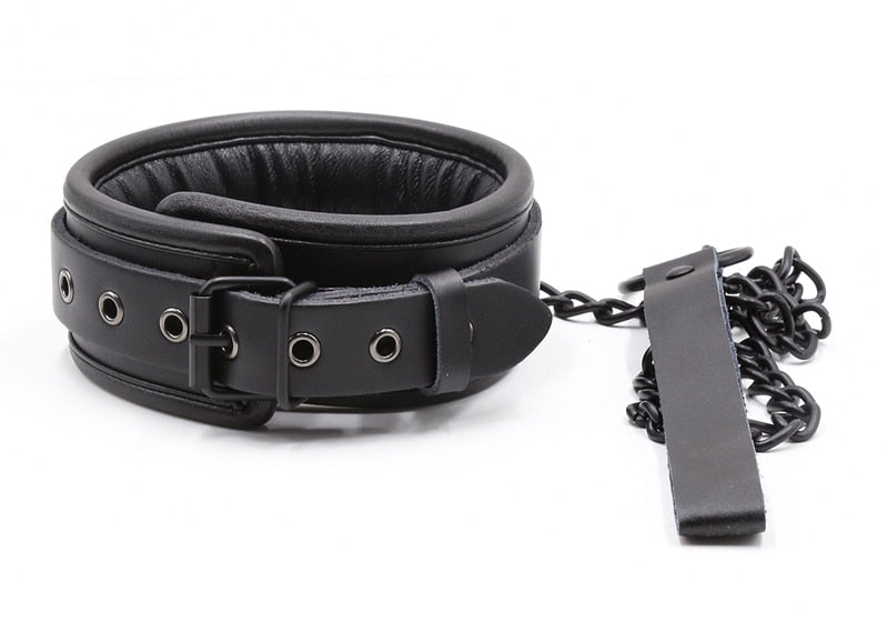 BDSM Bondage Collar, Genuine Leather and Iron Chain Link, Metal Hole Slave Collars for Women, Sex Toys for Couples, Sex Restraints