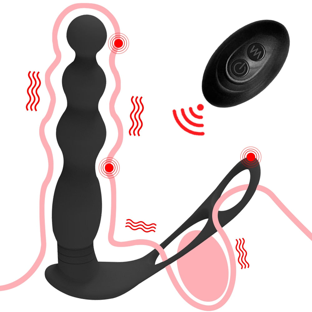Silicone Anal Butt Plug Pull Beads with Cock Ring Prostate Massager Anal Balls Vibration Heating Erotic Anal Sex Toy for Adult