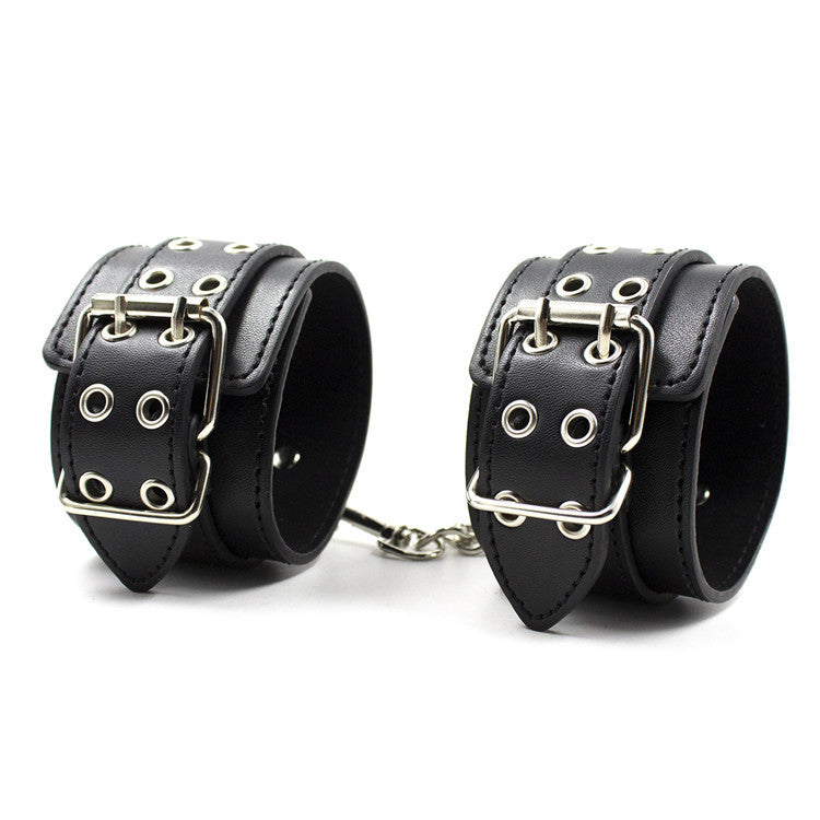 Male Female Black PU Leather Neck Collar Handcuffs Ankle Cuffs Wrist Chain Slave Bondage BDSM Fetish Restraints Kit Sex Toys