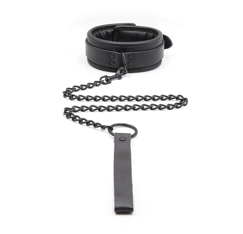 BDSM Bondage Collar, Genuine Leather and Iron Chain Link, Metal Hole Slave Collars for Women, Sex Toys for Couples, Sex Restraints
