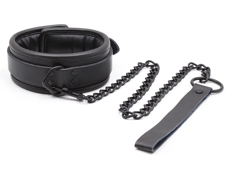 BDSM Bondage Collar, Genuine Leather and Iron Chain Link, Metal Hole Slave Collars for Women, Sex Toys for Couples, Sex Restraints