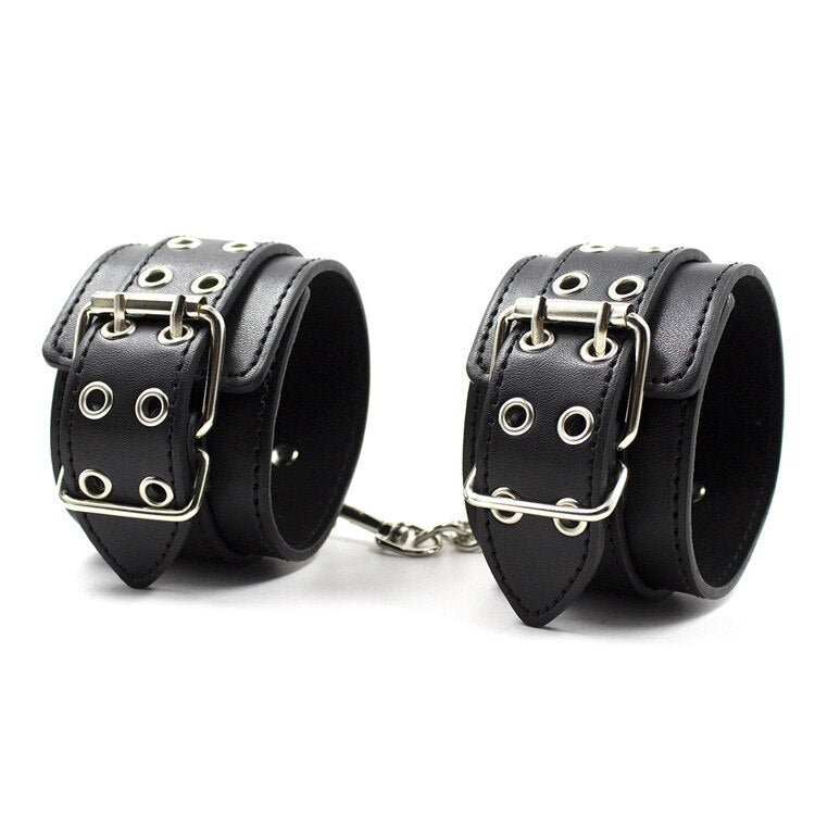 Male Female Black PU Leather Neck Collar Handcuffs Ankle Cuffs Wrist Chain Slave Bondage BDSM Fetish Restraints Kit Sex Toys