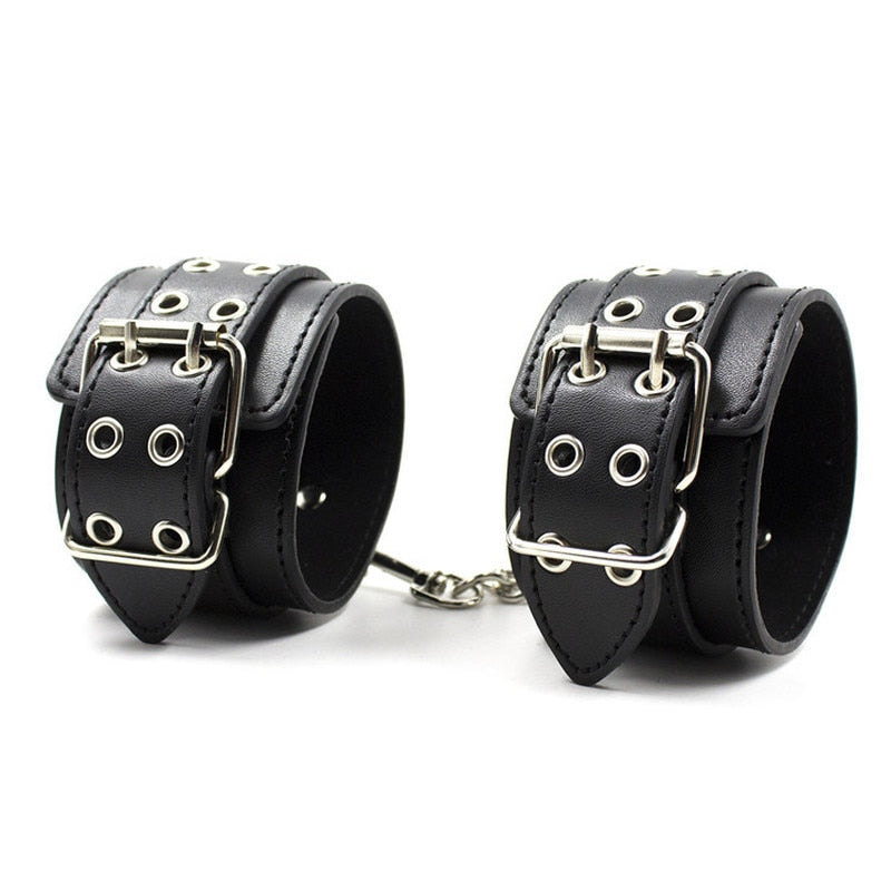 Male Female Black PU Leather Neck Collar Handcuffs Ankle Cuffs Wrist Chain Slave Bondage BDSM Fetish Restraints Kit Sex Toys