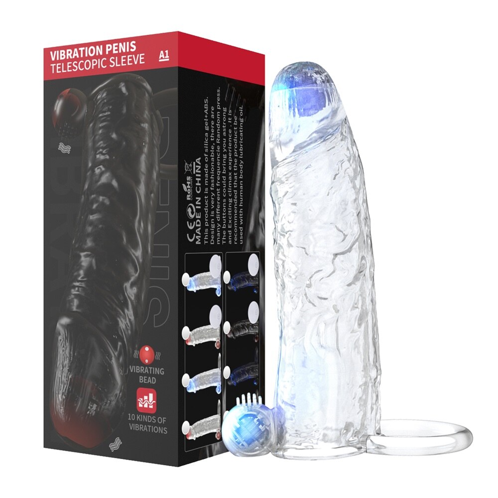 Penis Vibrator Extender Sleeve Delay Ejaculation Reusable Condom Extension Cock Ring Adult Toy for Men Dick Enlarger