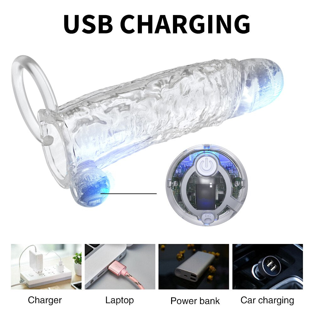 Penis Vibrator Extender Sleeve Delay Ejaculation Reusable Condom Extension Cock Ring Adult Toy for Men Dick Enlarger