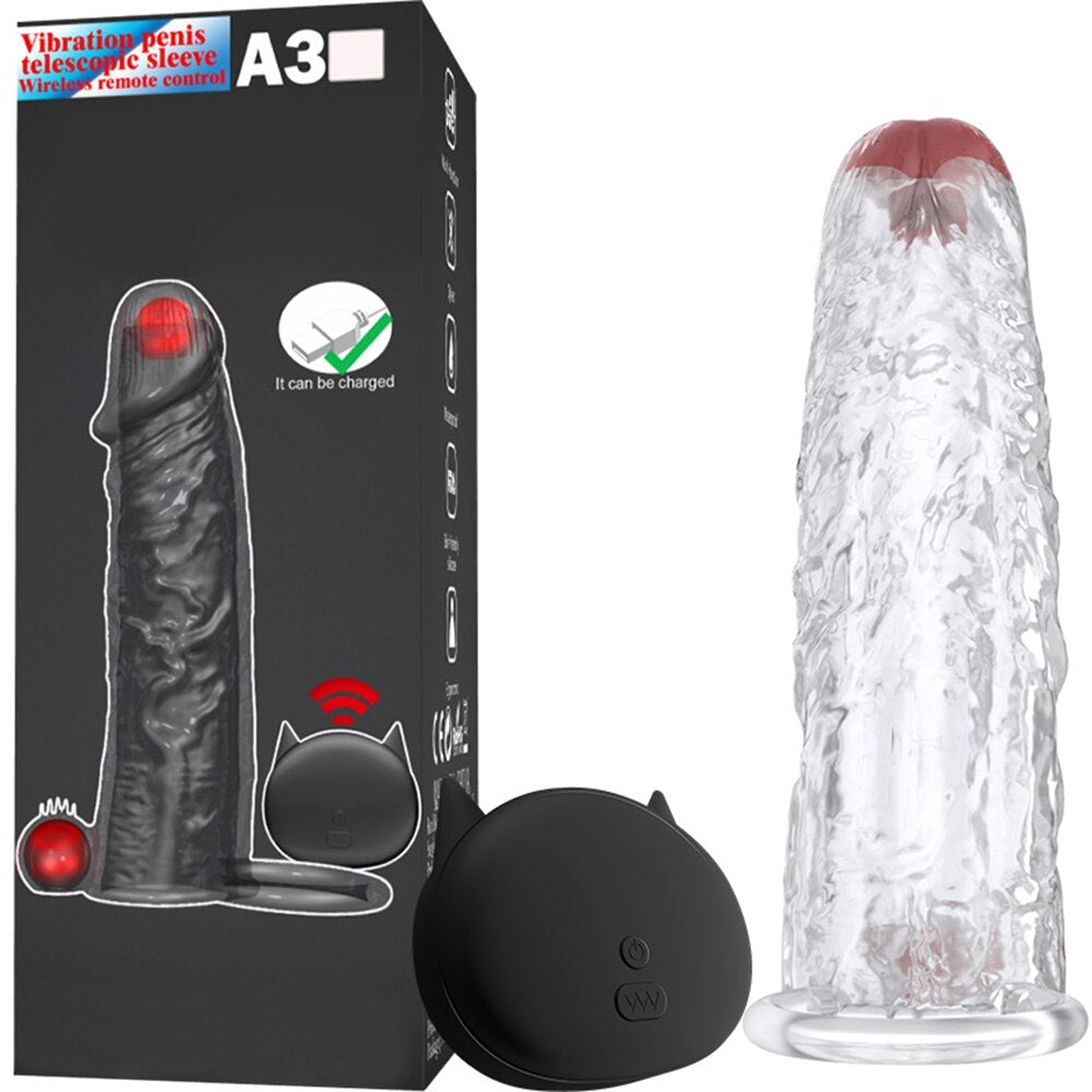 Penis Vibrator Extender Sleeve Delay Ejaculation Reusable Condom Extension Cock Ring Adult Toy for Men Dick Enlarger