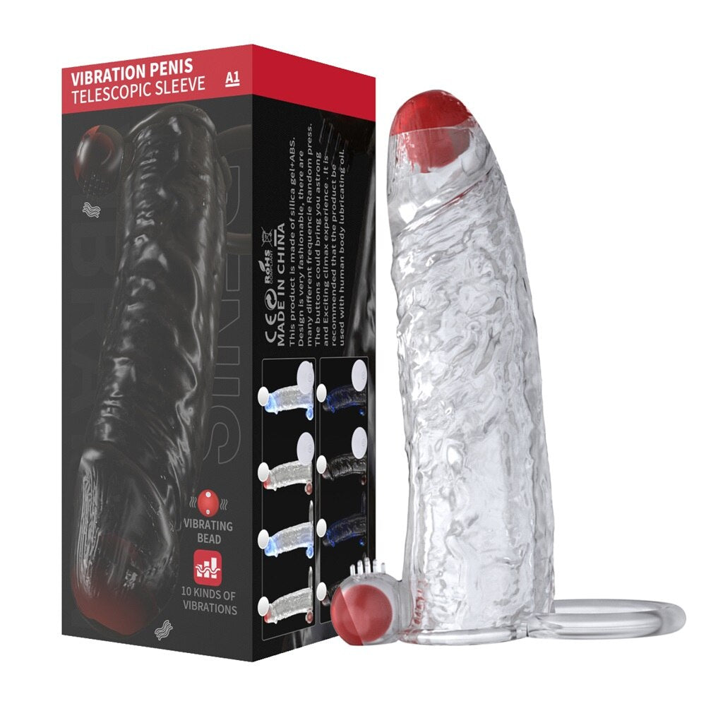 Penis Vibrator Extender Sleeve Delay Ejaculation Reusable Condom Extension Cock Ring Adult Toy for Men Dick Enlarger